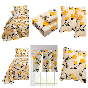 DaDa Bed in a Bag Bundle Set - Yellow Fleur Botanical Ivory Tan Floral Bedding Set (18112)