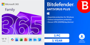 Microsoft 365 Family (6 Users) w/BitDefender AntiVirus for Windows - 1 Year Sub.